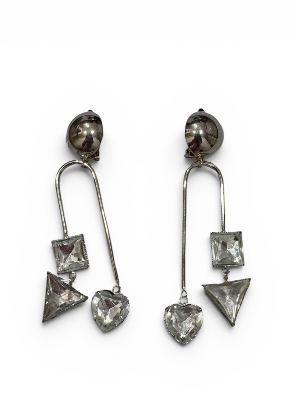 Modernist Large Silver Geometric Bubble Heart Crystal‎ Drop Earrings Clear Glass